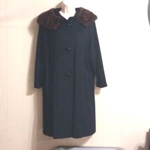 Vintage 60's Fur Collar Long Black Dress Coat
